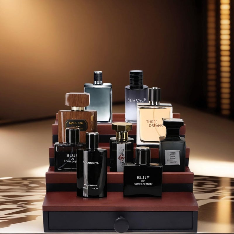 Fengligoo منظم عطور للرجال - حامل عرض عطور خشبي أسود من الجوز بأربعة مستويات مع درج وحيز مخفي، رف لحفظ العطور للرجال لتنظيم وتخزين، أسود من الجوز - Image 4